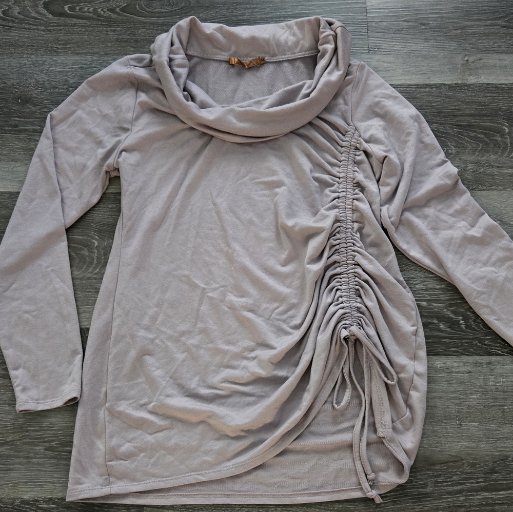 Lavender Pink Ruched Side String Cowl Neck Long Sleeve Top